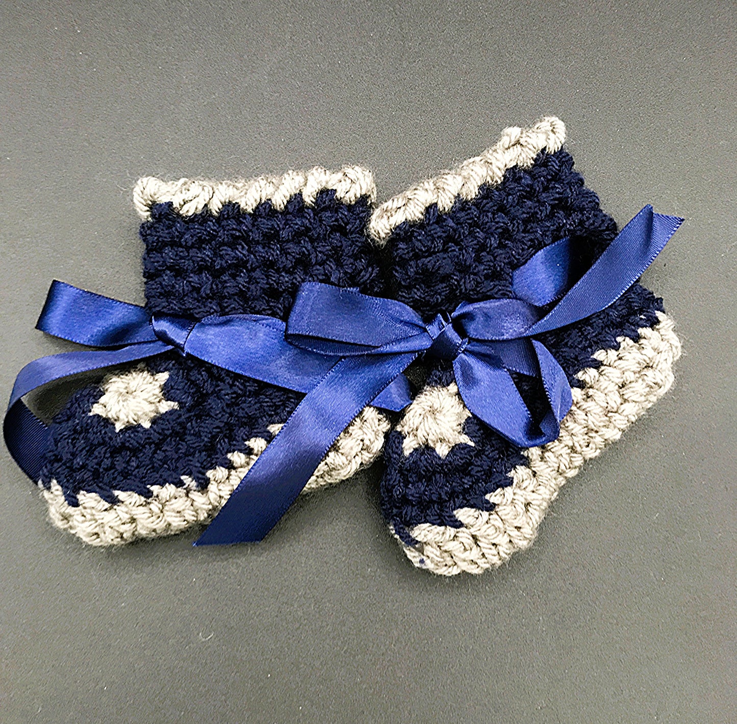 Heirloom Baby booties - Midnight Blue & Grey w/blue ribbon